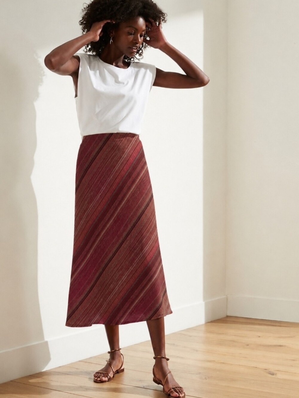 100% Linen Banana Republic Burgundy Diagonal-Stripe Midi Skirt Long Size 0 XS
